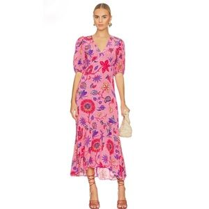 NWT Rhode Ester Pink Floral Print Puff Sleeve V Neck Midi Flounce Hemline Dress